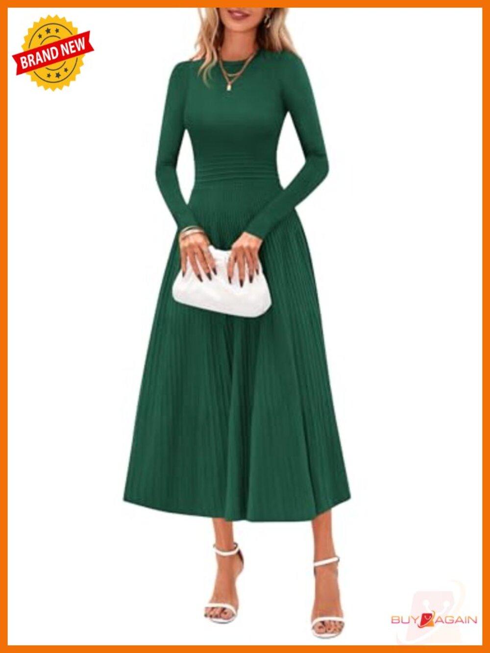 Women's Long Sleeve Knit Maxi Sweater Dress Crew Neck A-Line Midi